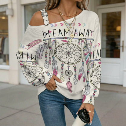 Off-the-shoulder Sweater Dream Away  Asymmetric Cold Shoulder Knit Sweater for Women, Adjustable Buckle Strap Long Sleeve Casual Slouchy Pullover