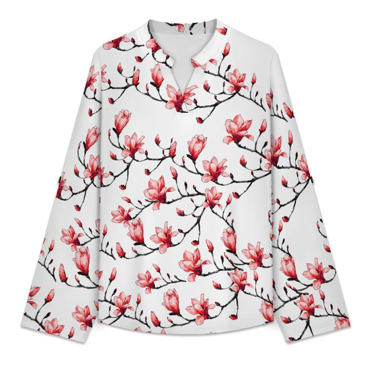 Flowers, Women's Clothing, Repeating Patterns  Versatile Notched V-Neck Tunic | Roll Tab 3/4 Sleeve Office Casual Top