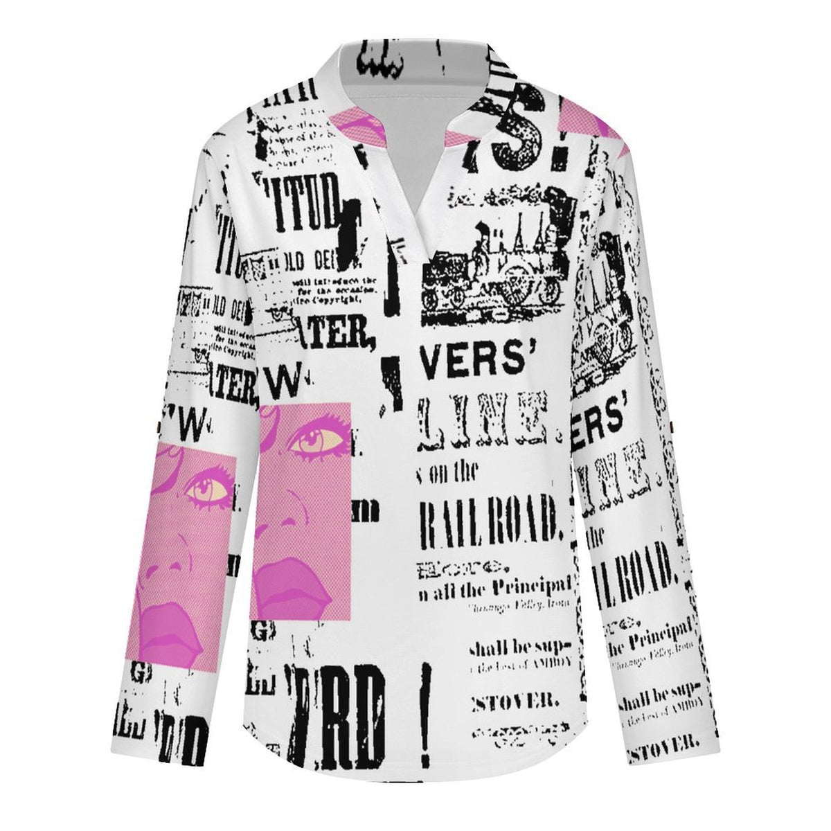 Stand-up Collar Long-sleeved Shirt Newspaper Vintage Dress  Customization Women’s V-Neck Blouses,long Sleeve,Roll-Up Sleeve Shirt