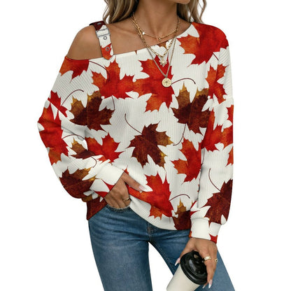 Adjustable Buckle Strap Long Sleeve Casual Slouchy PulloverOctopus Love PatternOff-the-shoulder Sweater