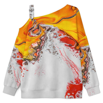 Off-the-shoulder Sweater Yellow, Red, Black, Water Ripple  Asymmetric Cold Shoulder Knit Sweater for Women, Adjustable Buckle Strap Long Sleeve Casual Slouchy Pullover