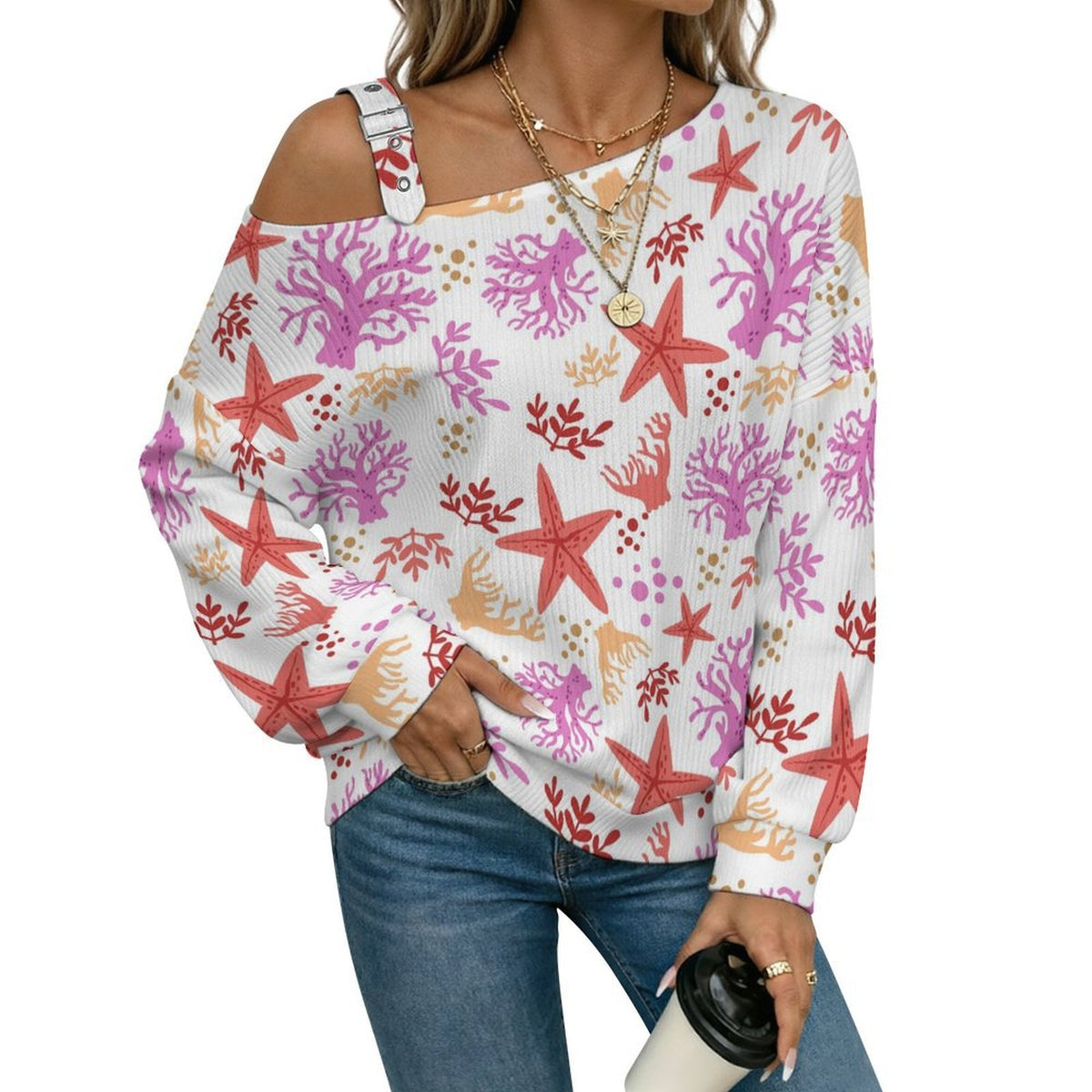 Octopus Love PatternAdjustable Buckle Strap Long Sleeve Casual Slouchy Pullover