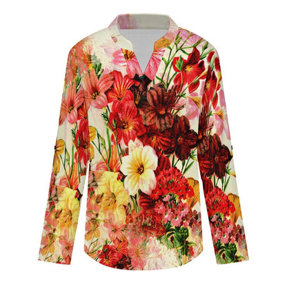 Stand-up Collar Long-sleeved Shirt Red Flowers  Customization Women’s V-Neck Blouses,long Sleeve,Roll-Up Sleeve Shirt