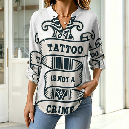 Dagger, Weapon Women's Notched V Neck Tunic Tops, Roll Up 3/4 Sleeve Button Cuff Casual Blouse, Hem Loose Work Shirts