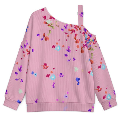 Off-the-shoulder Sweater Floral Pattern  Asymmetric Cold Shoulder Knit Sweater for Women, Adjustable Buckle Strap Long Sleeve Casual Slouchy Pullover