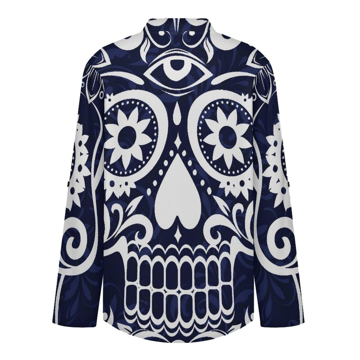 Stand-up Collar Long-sleeved Shirt Skul,folk-customl  Customization Women’s V-Neck Blouses,long Sleeve,Roll-Up Sleeve Shirt