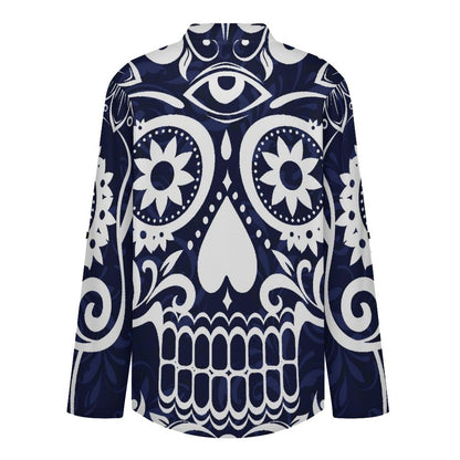 Stand-up Collar Long-sleeved Shirt Skul,folk-customl  Customization Women’s V-Neck Blouses,long Sleeve,Roll-Up Sleeve Shirt