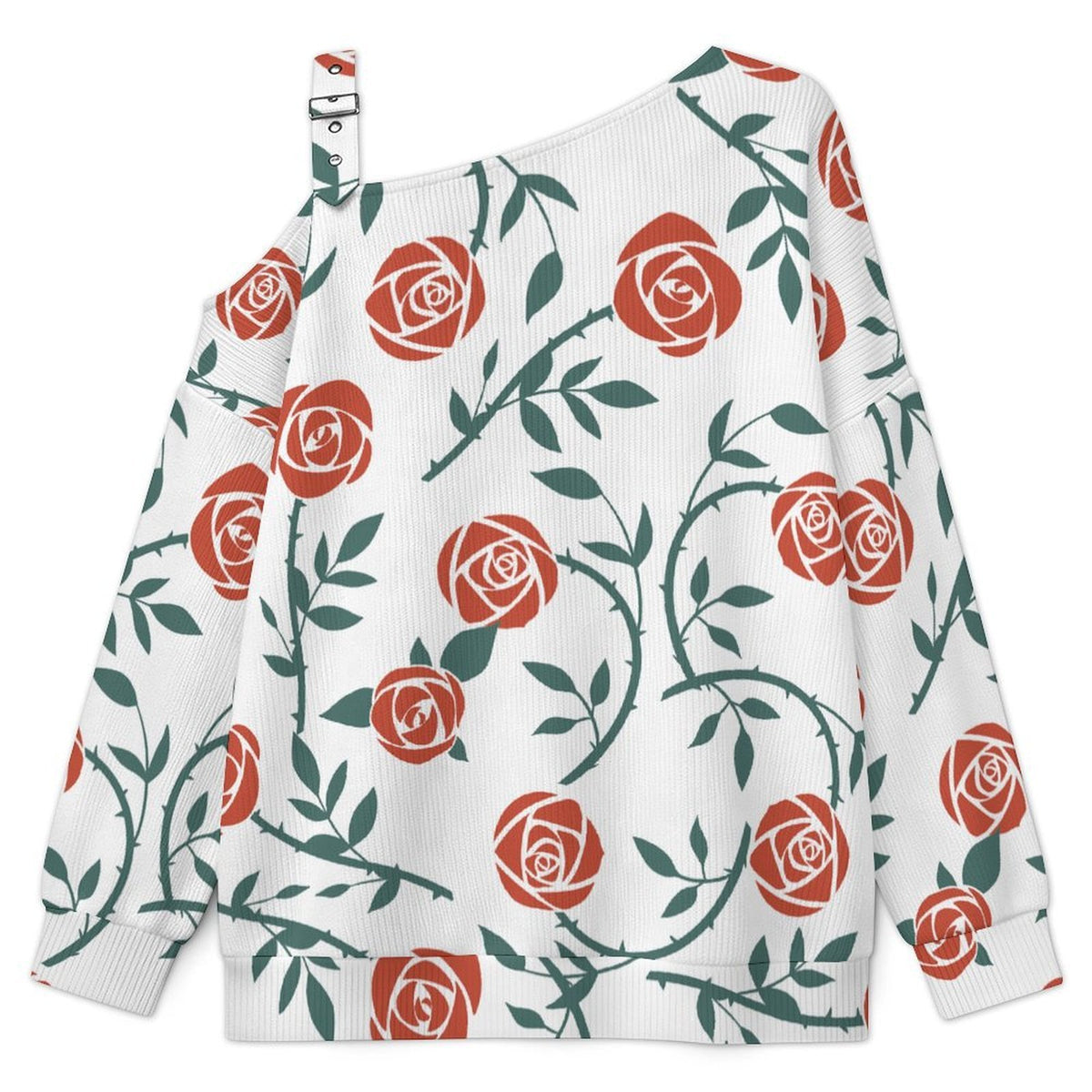 Off-the-shoulder Sweater Red Rose Tile Decorative Pattern  Asymmetric Cold Shoulder Knit Sweater for Women, Adjustable Buckle Strap Long Sleeve Casual Slouchy Pullover