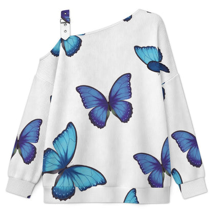 Off-the-shoulder Sweater Blue Morpho Butterfly Tile Decorative Pattern  Asymmetric Cold Shoulder Knit Sweater for Women, Adjustable Buckle Strap Long Sleeve Casual Slouchy Pullover