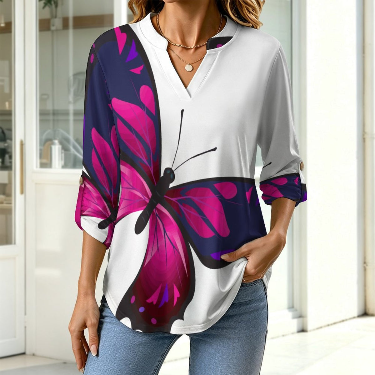 Stand-up Collar Long-sleeved Shirt Butterflies, Insects  Customization Women’s V-Neck Blouses,long Sleeve,Roll-Up Sleeve Shirt