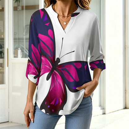 Stand-up Collar Long-sleeved Shirt Butterflies, Insects  Customization Women’s V-Neck Blouses,long Sleeve,Roll-Up Sleeve Shirt