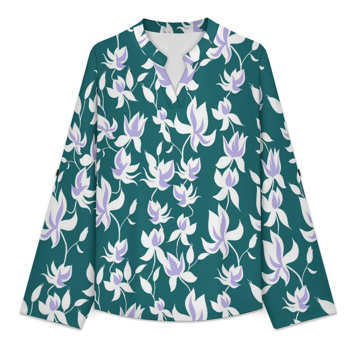Stand-up Collar Long-sleeved Shirt Flower Pattern Repeat  Customization Women’s V-Neck Blouses,long Sleeve,Roll-Up Sleeve Shirt