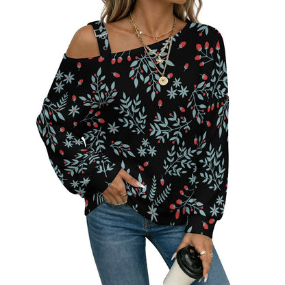 Off-the-shoulder Sweater Repeat - Tile - Leaf - Fruit - Green - Red - Black  Asymmetric Cold Shoulder Knit Sweater for Women, Adjustable Buckle Strap Long Sleeve Casual Slouchy Pullover