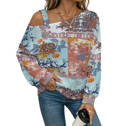 Off-the-shoulder Sweater Exotic Ethnic Pattern  Asymmetric Cold Shoulder Knit Sweater for Women, Adjustable Buckle Strap Long Sleeve Casual Slouchy Pullover