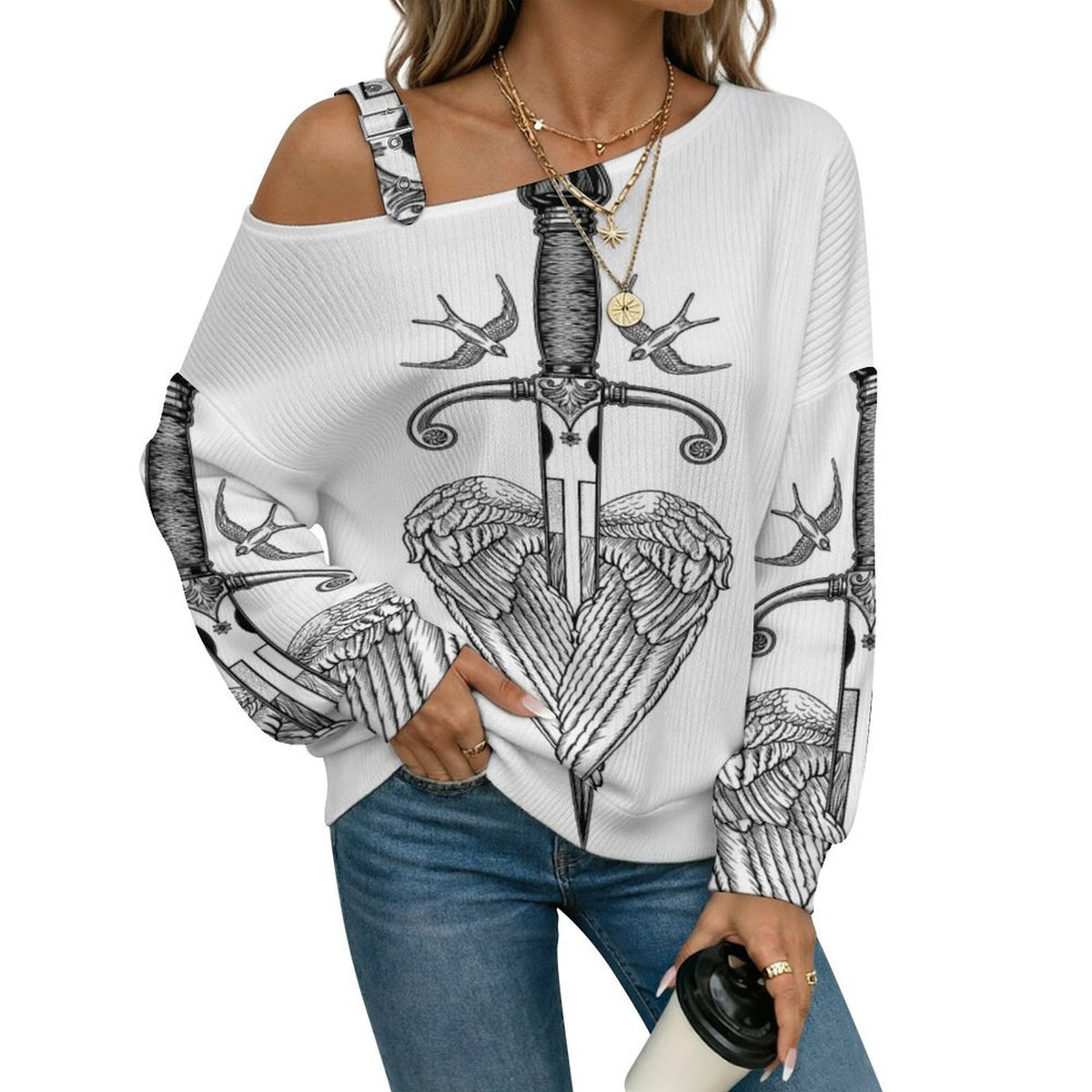Off-the-shoulder Sweater Wing  Asymmetric Cold Shoulder Knit Sweater for Women, Adjustable Buckle Strap Long Sleeve Casual Slouchy Pullover