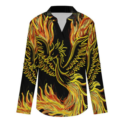 Stand-up Collar Long-sleeved Shirt Fire, Gold, Birds  Customization Women’s V-Neck Blouses,long Sleeve,Roll-Up Sleeve Shirt