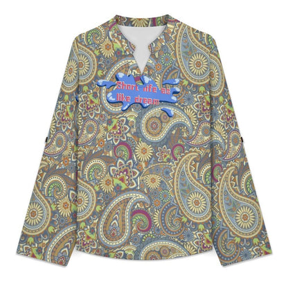 Stand-up Collar Long-sleeved Shirt Repeat Pattern - English Phrase  Customization Women’s V-Neck Blouses,long Sleeve,Roll-Up Sleeve Shirt