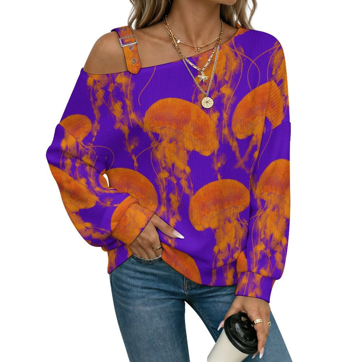 Off-the-shoulder Sweater Jellyfish Ocean Corlorful  Asymmetric Cold Shoulder Knit Sweater for Women, Adjustable Buckle Strap Long Sleeve Casual Slouchy Pullover