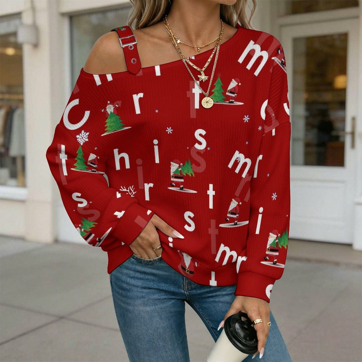 Off-the-shoulder Sweater Christmas, Elk, Happy  Asymmetric Cold Shoulder Knit Sweater for Women, Adjustable Buckle Strap Long Sleeve Casual Slouchy Pullover