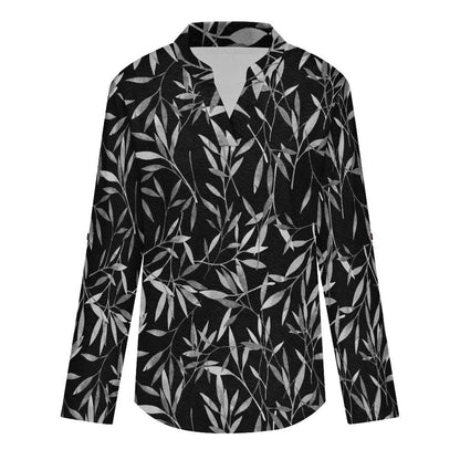 Stand-up Collar Long-sleeved Shirt Plant Leaf  Customization Women’s V-Neck Blouses,long Sleeve,Roll-Up Sleeve Shirt