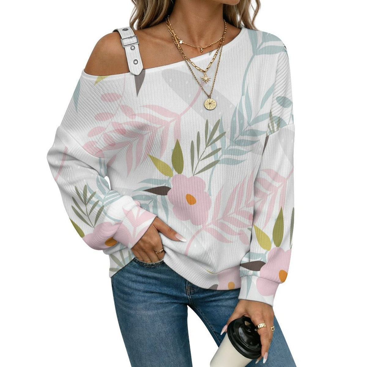 Off-the-shoulder Sweater Floral Pattern  Asymmetric Cold Shoulder Knit Sweater for Women, Adjustable Buckle Strap Long Sleeve Casual Slouchy Pullover