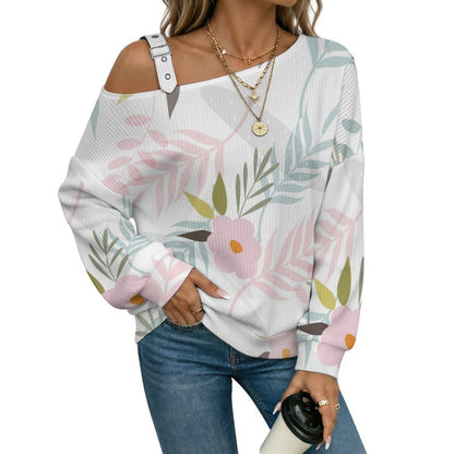 Off-the-shoulder Sweater Floral Pattern  Asymmetric Cold Shoulder Knit Sweater for Women, Adjustable Buckle Strap Long Sleeve Casual Slouchy Pullover