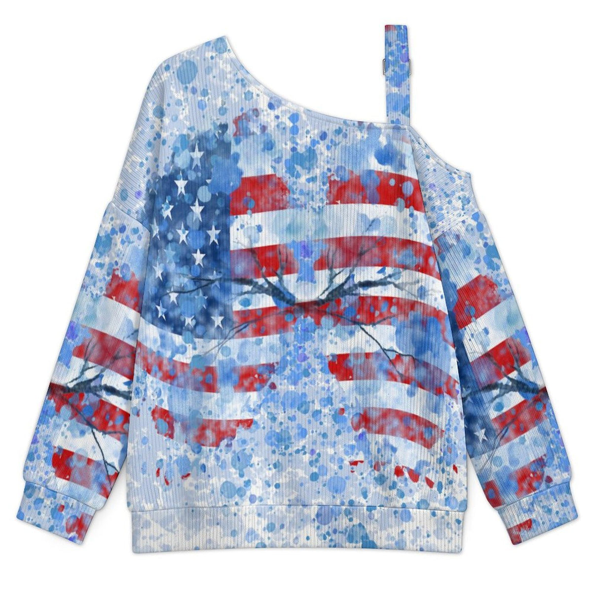 Off-the-shoulder Sweater Underwater Flag, Water Drops  Asymmetric Cold Shoulder Knit Sweater for Women, Adjustable Buckle Strap Long Sleeve Casual Slouchy Pullover