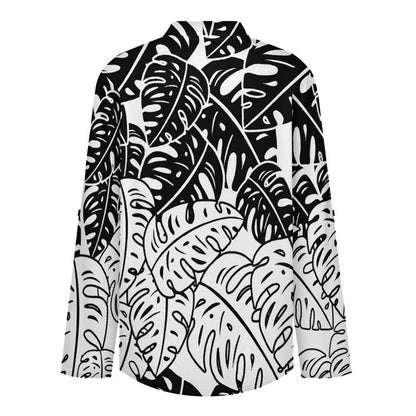 Stand-up Collar Long-sleeved Shirt Leaves, Black, Repeating Pattern  Customization Women’s V-Neck Blouses,long Sleeve,Roll-Up Sleeve Shirt