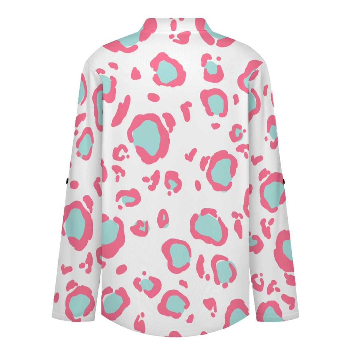 Women's Notched V Neck Tunic Tops, Roll Up 3/4 Sleeve Button Cuff Casual Blouse, Hem Loose Work Shirts  Pink Leopard Print