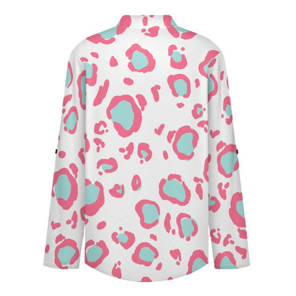 Women's Notched V Neck Tunic Tops, Roll Up 3/4 Sleeve Button Cuff Casual Blouse, Hem Loose Work Shirts  Pink Leopard Print