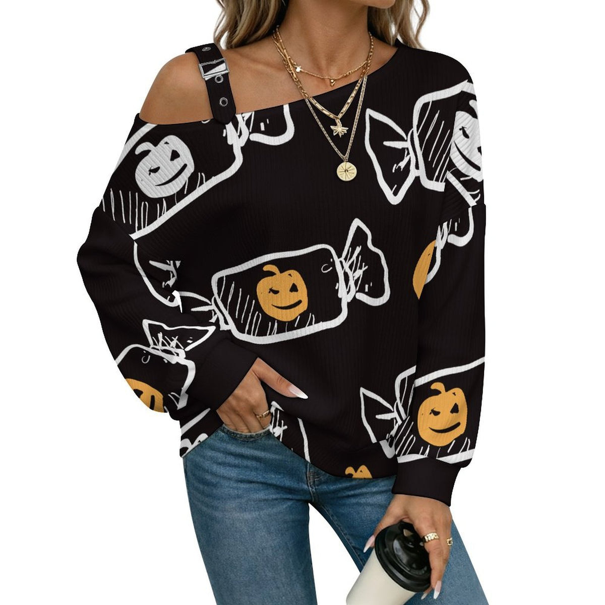 Off-the-shoulder Sweater Pumpkin Candy, Halloween  Asymmetric Cold Shoulder Knit Sweater for Women, Adjustable Buckle Strap Long Sleeve Casual Slouchy Pullover