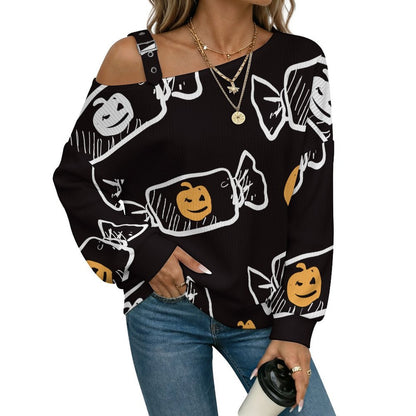 Off-the-shoulder Sweater Pumpkin Candy, Halloween  Asymmetric Cold Shoulder Knit Sweater for Women, Adjustable Buckle Strap Long Sleeve Casual Slouchy Pullover