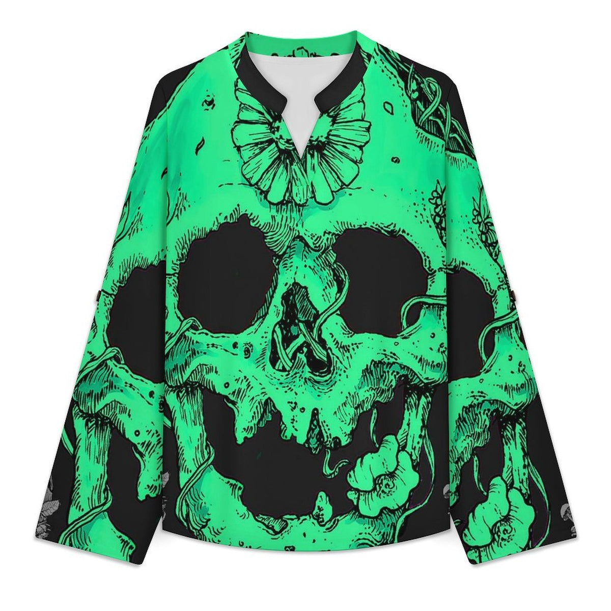 Stand-up Collar Long-sleeved Shirt Mysterious Skull  Customization Women’s V-Neck Blouses,long Sleeve,Roll-Up Sleeve Shirt