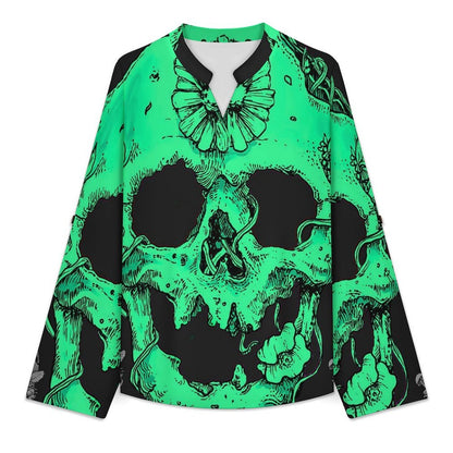 Stand-up Collar Long-sleeved Shirt Mysterious Skull  Customization Women’s V-Neck Blouses,long Sleeve,Roll-Up Sleeve Shirt