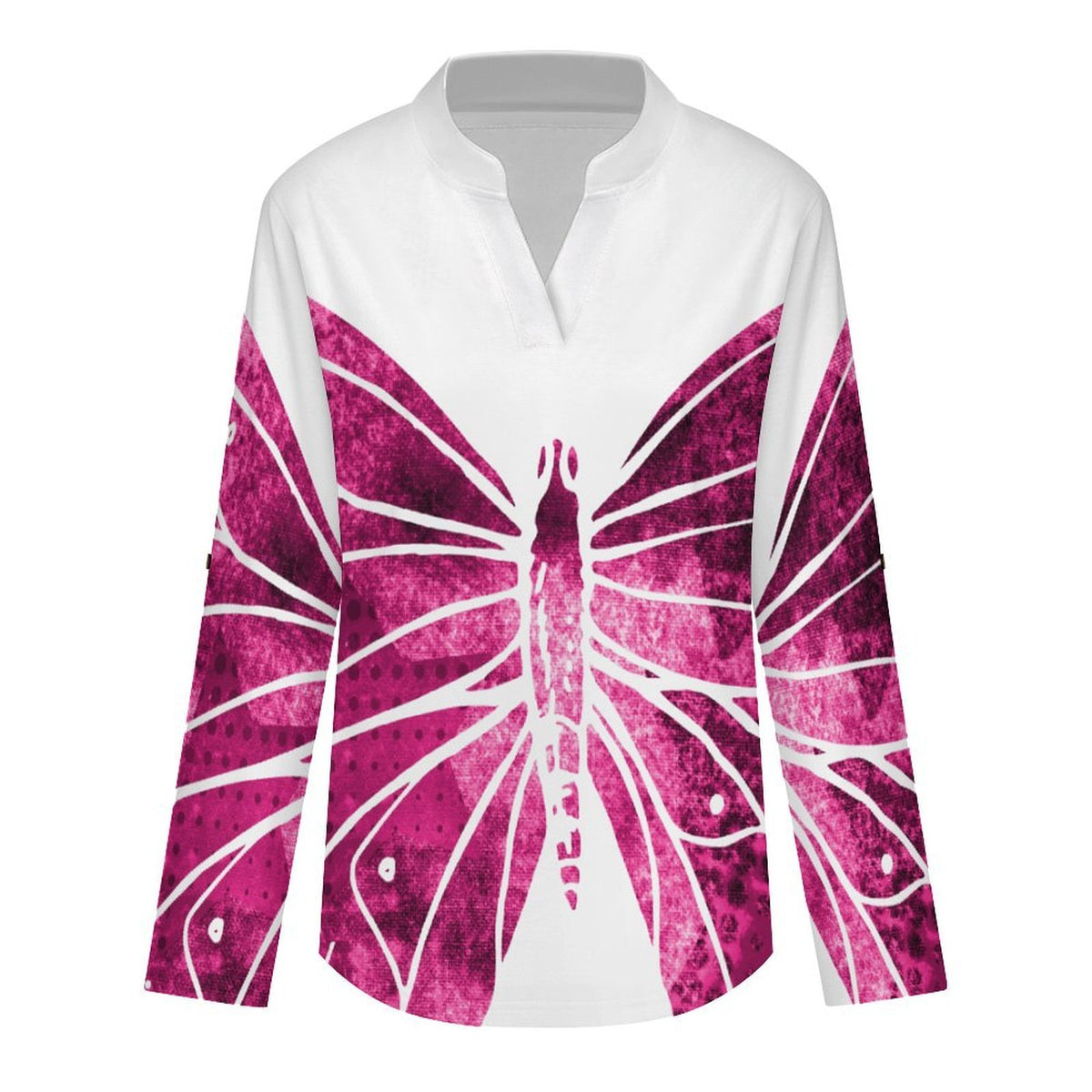 Stand-up Collar Long-sleeved Shirt Red, Butterfly  Customization Women’s V-Neck Blouses,long Sleeve,Roll-Up Sleeve Shirt