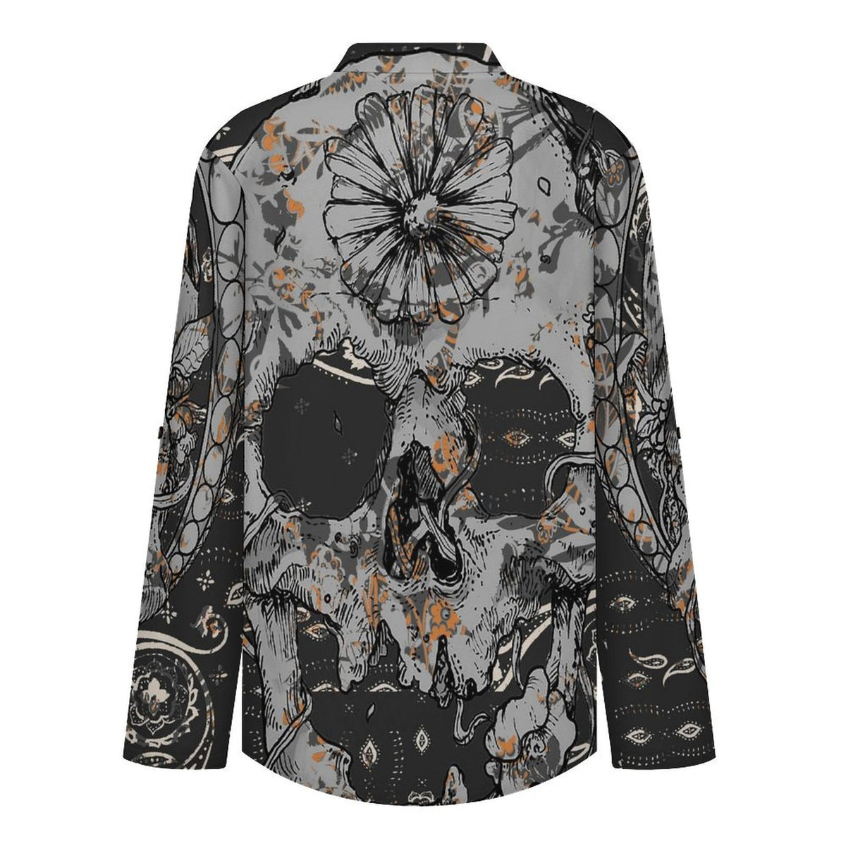 Stand-up Collar Long-sleeved Shirt Skul,folk-customl,totem  Customization Women’s V-Neck Blouses,long Sleeve,Roll-Up Sleeve Shirt