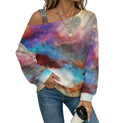 Off-the-shoulder Sweater Color Abstract Painting  Asymmetric Cold Shoulder Knit Sweater for Women, Adjustable Buckle Strap Long Sleeve Casual Slouchy Pullover