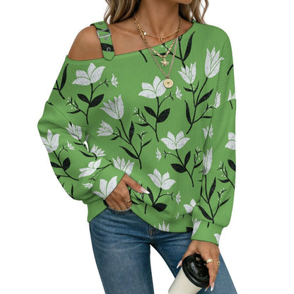 Off-the-shoulder Sweater Green  Flower  Asymmetric Cold Shoulder Knit Sweater for Women, Adjustable Buckle Strap Long Sleeve Casual Slouchy Pullover