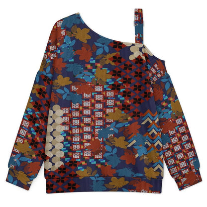 Off-the-shoulder Sweater Exotic Ethnic Pattern  Asymmetric Cold Shoulder Knit Sweater for Women, Adjustable Buckle Strap Long Sleeve Casual Slouchy Pullover