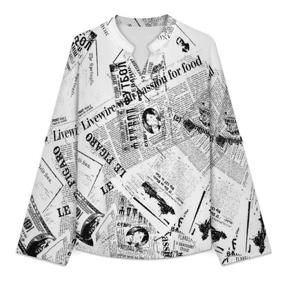 Stand-up Collar Long-sleeved Shirt Newspaper Dress  Customization Women’s V-Neck Blouses,long Sleeve,Roll-Up Sleeve Shirt