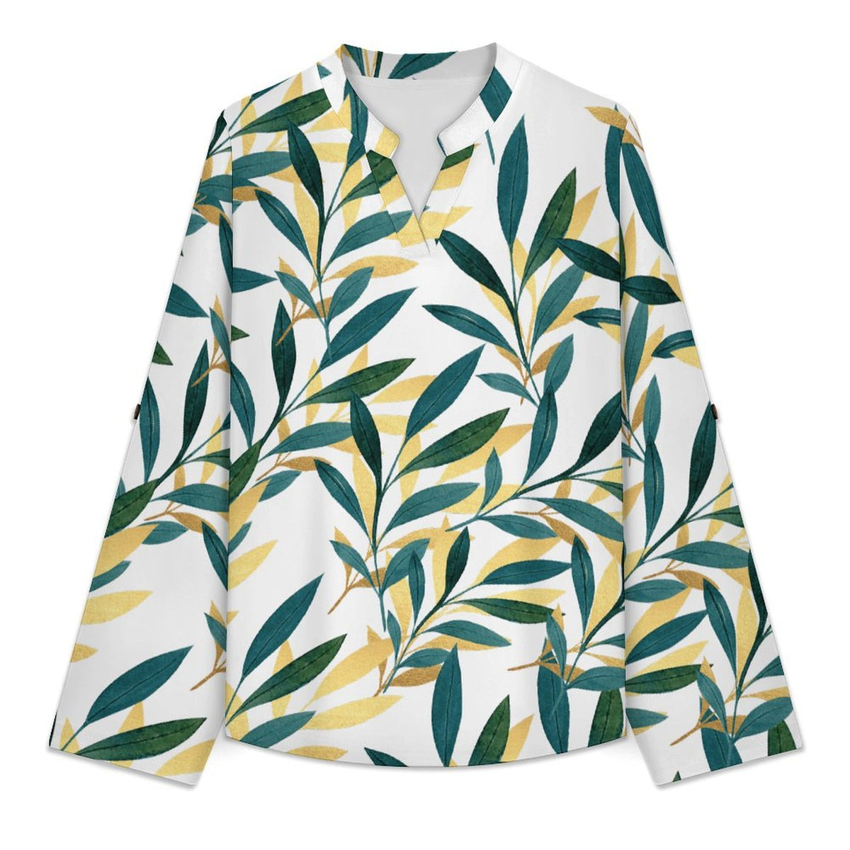 Stand-up Collar Long-sleeved Shirt Leaves, Gold, Repeating Pattern white S Women’s V-Neck Blouses