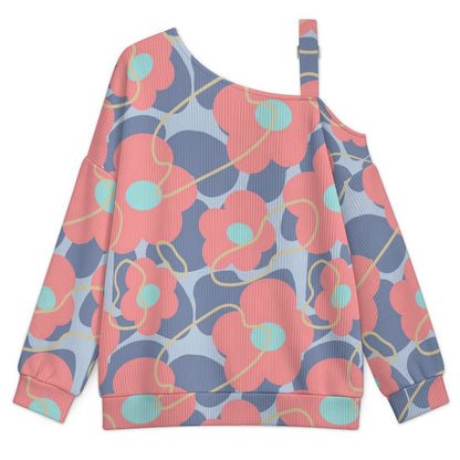 Off-the-shoulder Sweater Flower-repeat-pattern  Asymmetric Cold Shoulder Knit Sweater for Women, Adjustable Buckle Strap Long Sleeve Casual Slouchy Pullover