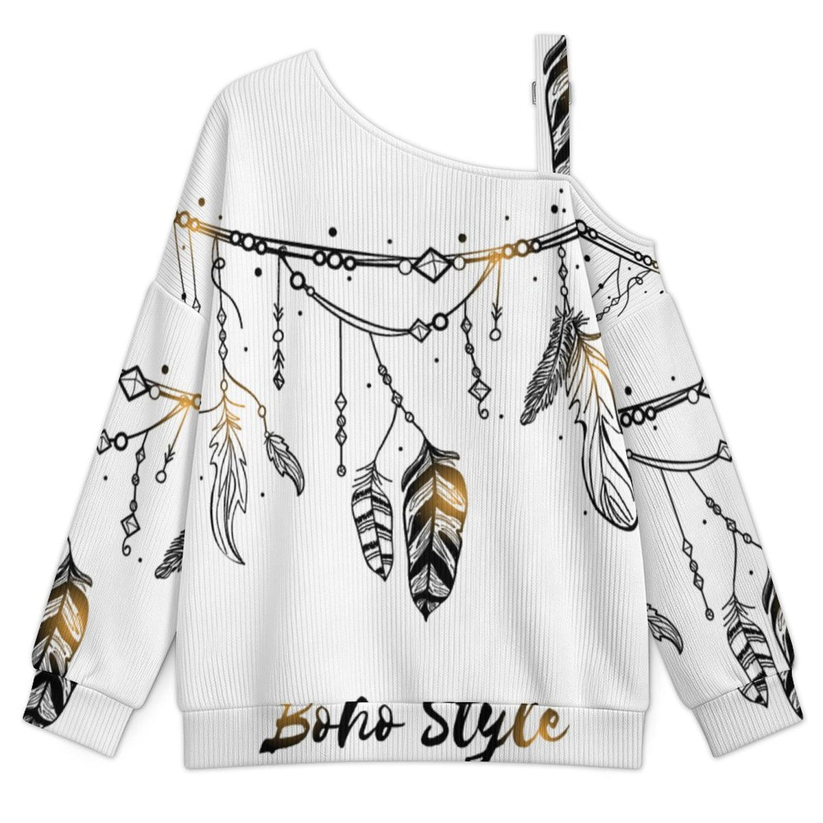 Off-the-shoulder Sweater Boho Style  Asymmetric Cold Shoulder Knit Sweater for Women, Adjustable Buckle Strap Long Sleeve Casual Slouchy Pullover