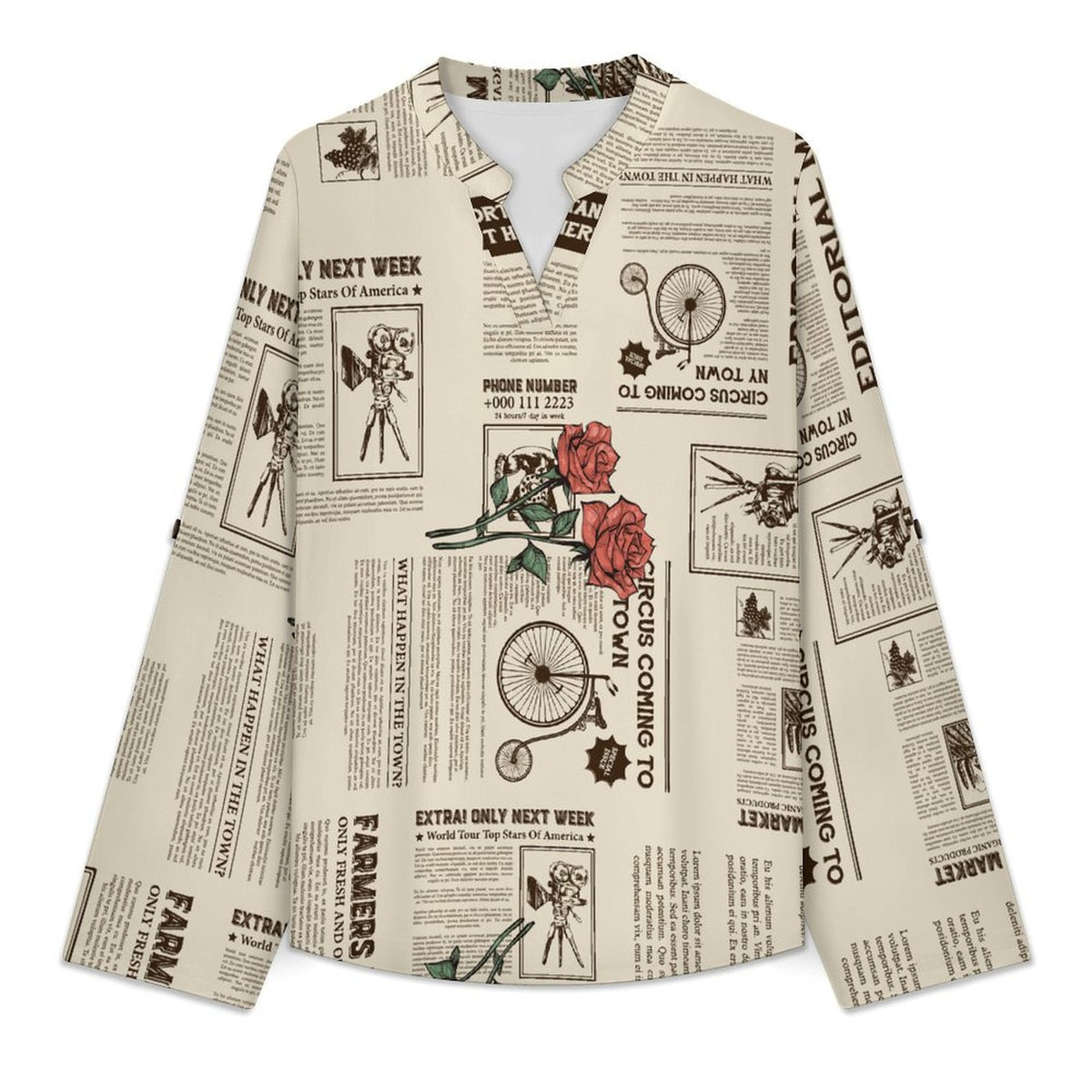 Stand-up Collar Long-sleeved Shirt Yellow Newspaper  Red Rose  Customization Women’s V-Neck Blouses,long Sleeve,Roll-Up Sleeve Shirt