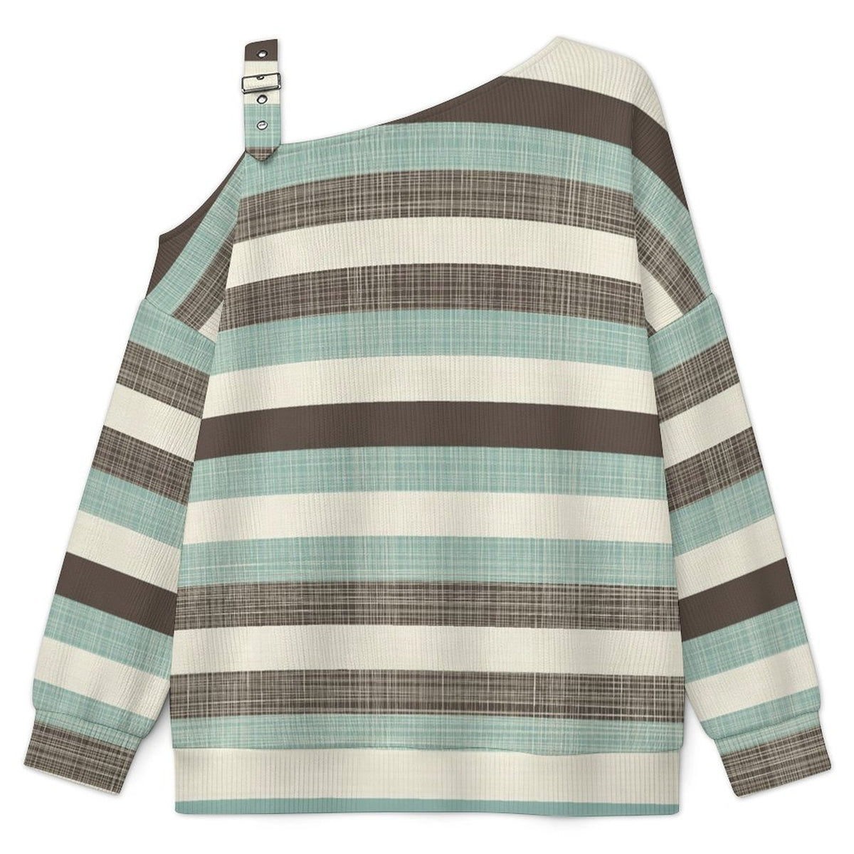 Off-the-shoulder Sweater Fashion Stripe  Asymmetric Cold Shoulder Knit Sweater for Women, Adjustable Buckle Strap Long Sleeve Casual Slouchy Pullover
