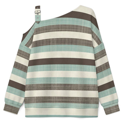 Off-the-shoulder Sweater Fashion Stripe  Asymmetric Cold Shoulder Knit Sweater for Women, Adjustable Buckle Strap Long Sleeve Casual Slouchy Pullover
