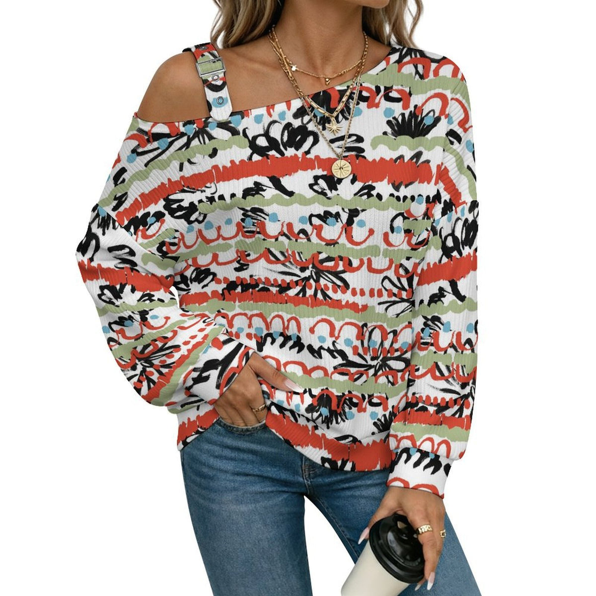 Off-the-shoulder Sweater European Retro Pattern  Asymmetric Cold Shoulder Knit Sweater for Women, Adjustable Buckle Strap Long Sleeve Casual Slouchy Pullover