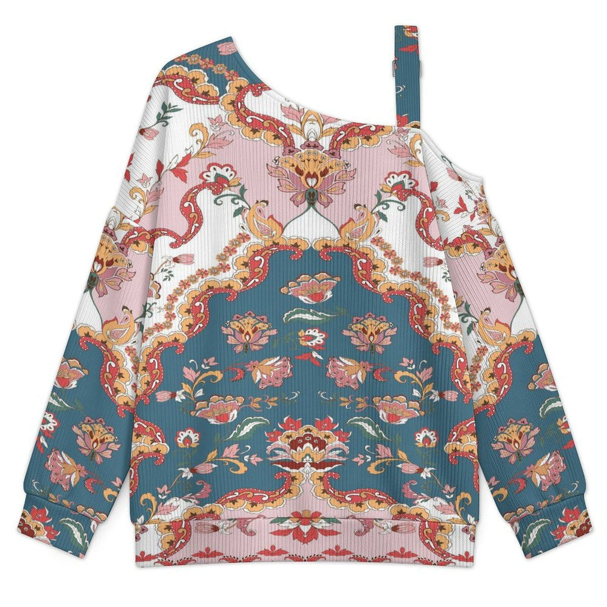 Off-the-shoulder Sweater Exotic Ethnic Patterns  Asymmetric Cold Shoulder Knit Sweater for Women, Adjustable Buckle Strap Long Sleeve Casual Slouchy Pullover