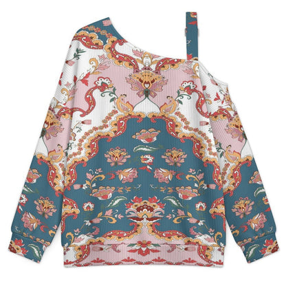 Off-the-shoulder Sweater Exotic Ethnic Patterns  Asymmetric Cold Shoulder Knit Sweater for Women, Adjustable Buckle Strap Long Sleeve Casual Slouchy Pullover