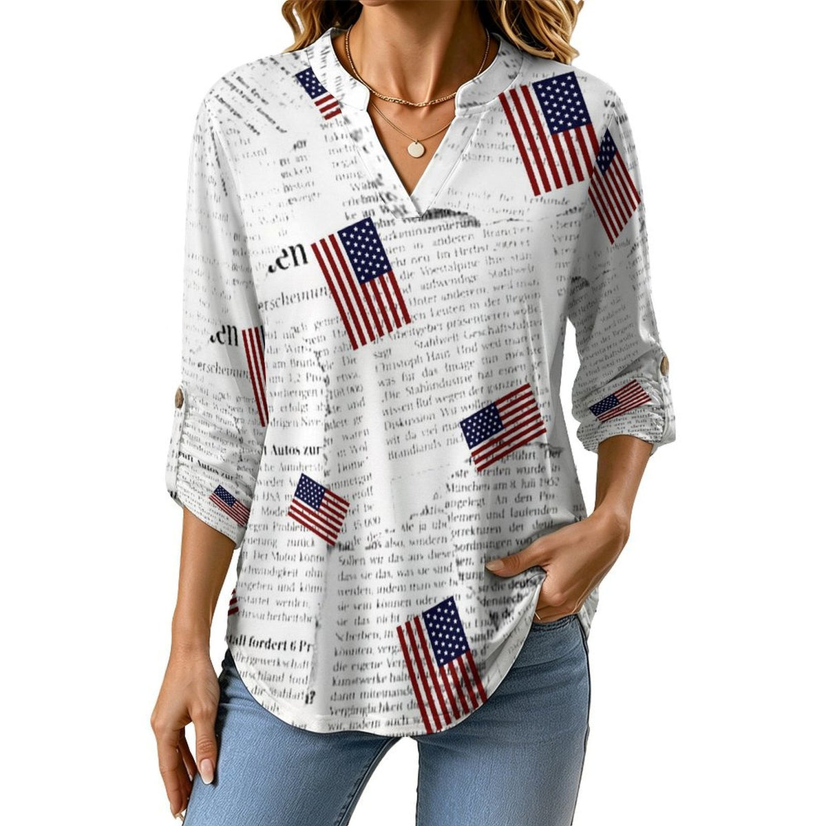Newspaper, Repeating Pattern  Versatile Notched V-Neck Tunic | Roll Tab 3/4 Sleeve Office Casual Top